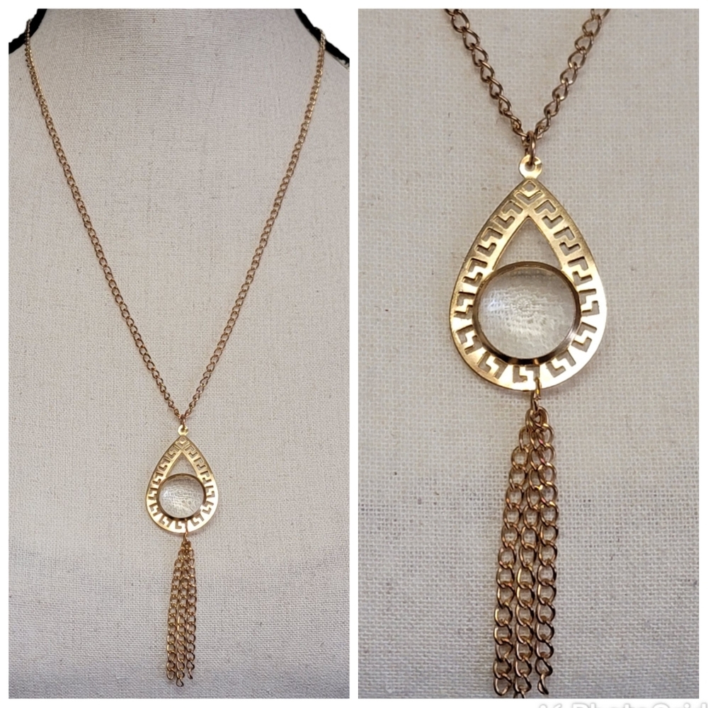 Faux Crystal Teardrop Pendant Necklace 22"‎ Tassel Gold Tone Statement Ethnic